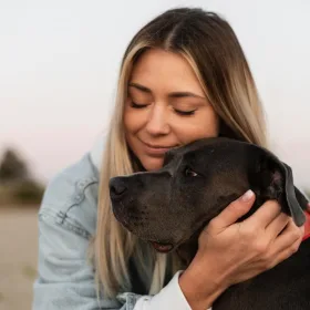 Hund får kram af ung kvinde
