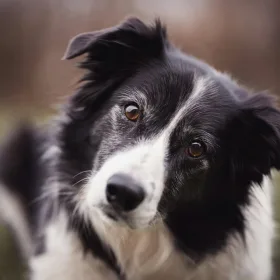 Smuk sort og hvid border collie der tilter hovedet.